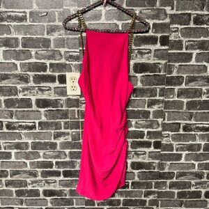 NWT Amanda Uprichard Samuela mini dress hot pink satin gold chain straps